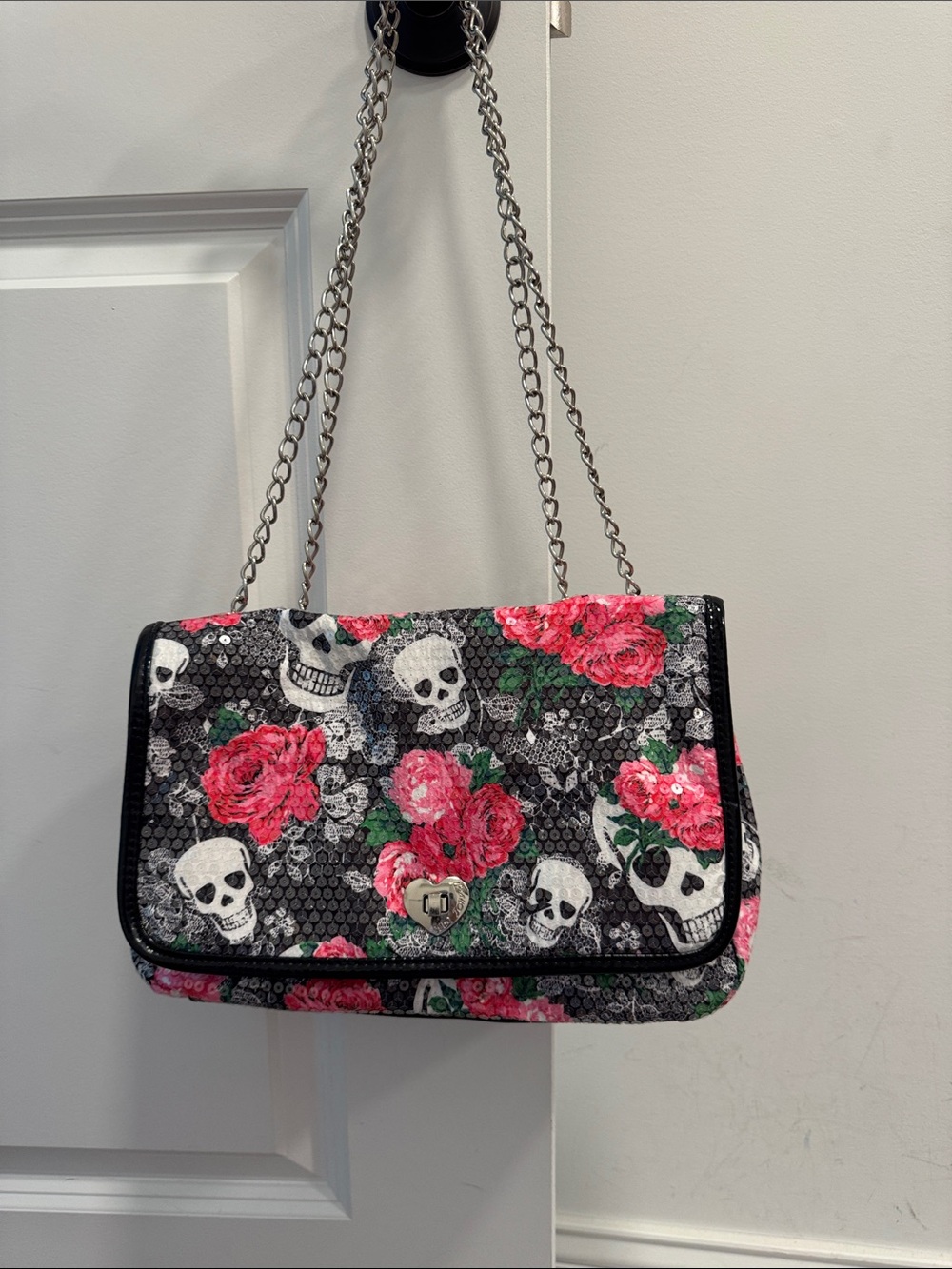 Betsey Johnson sequin skull roses shoulder bag purse